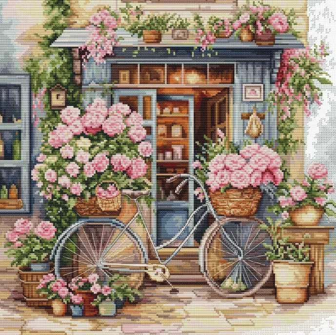 luca S Skaičiuotas kryželiu siuvinėjimo rinkinys "Flowers Shop" 32 x 32 cm SBU5044