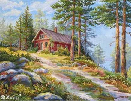 Merejka Kryželiu siuvinėjimo rinkinys „Raudona trobelė miške“ 30x39,5 SK254