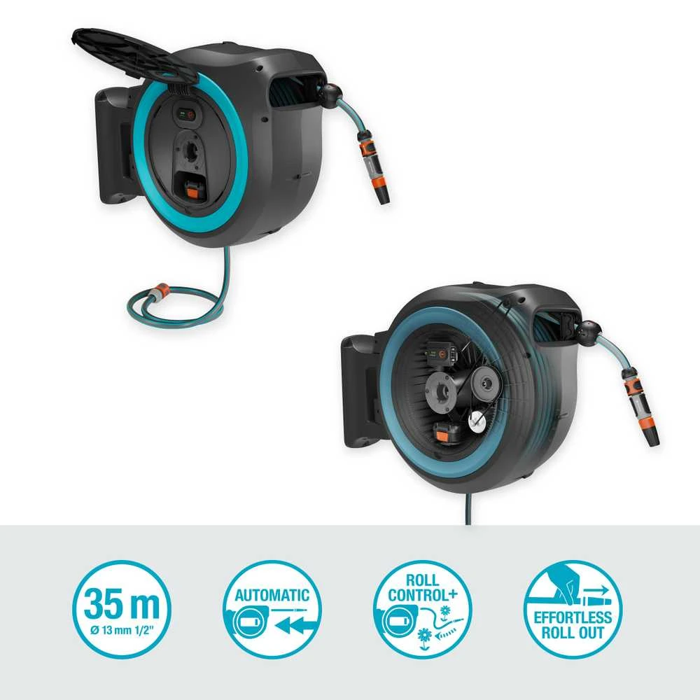 Gardena Akumuliatorinė prie sienos tvirtinama žarnos ritė PowerRoll XL, rinkinys, 35 m žarnos, turkio spalvos