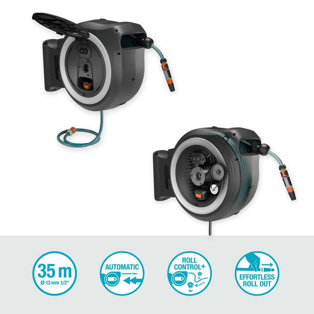 Gardena Akumuliatorinė prie sienos tvirtinama žarnos ritė PowerRoll XL, rinkinys, 35 m žarnos, baltos spalvos