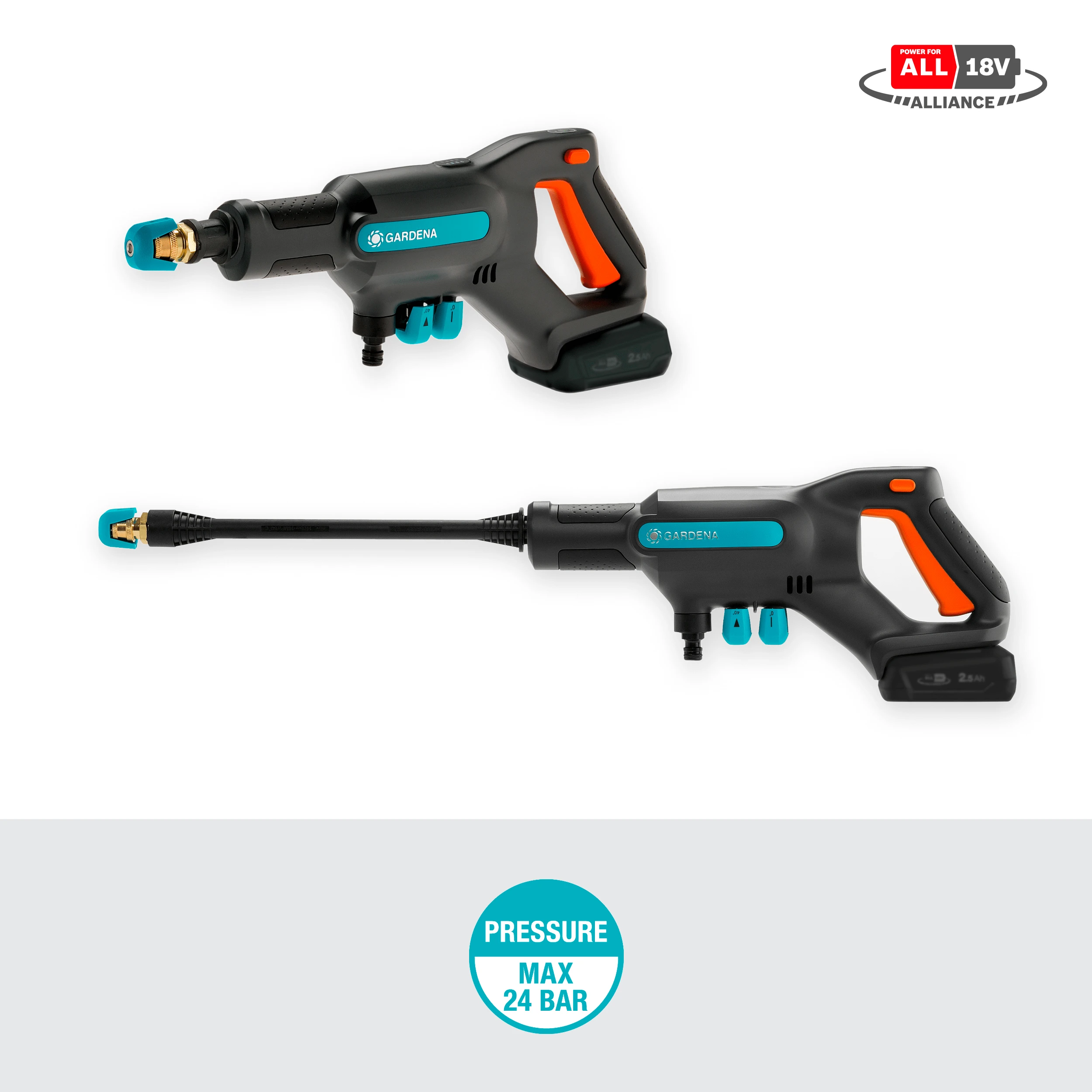 Vidutinio slėgio akumuliatorinės plovyklos Gardena AquaClean 24 / 18V P4A Premium rinkinys