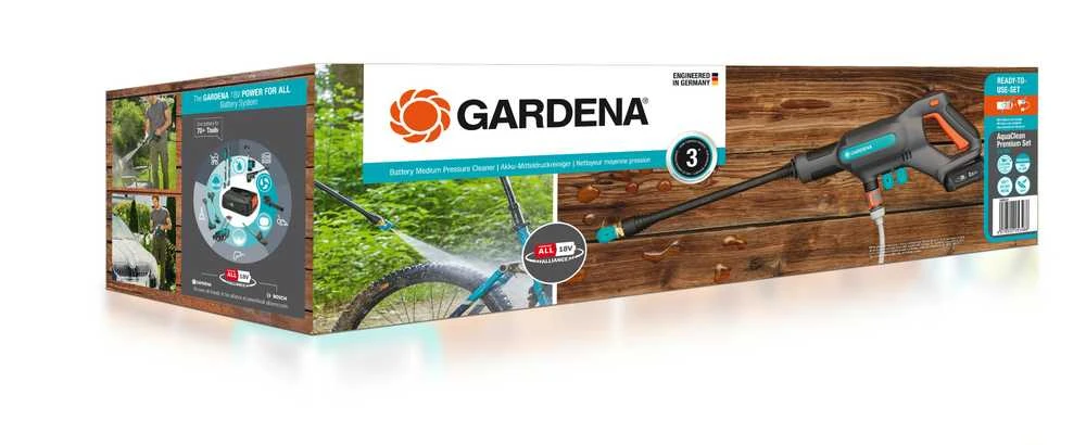 Vidutinio slėgio akumuliatorinės plovyklos Gardena AquaClean 24 / 18V P4A Premium rinkinys