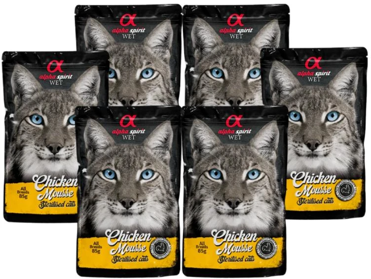 ALPHA SPIRIT WET putėsiai sterilizuotoms katėms su vištiena 85g 6vnt