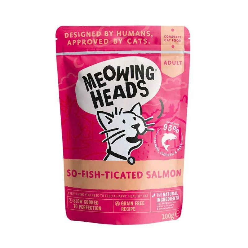 MEOWING HEADS So-žuvis-Ticated lašiša konservai katėms (lašiša/vištiena/jautiena) 100g 10vnt