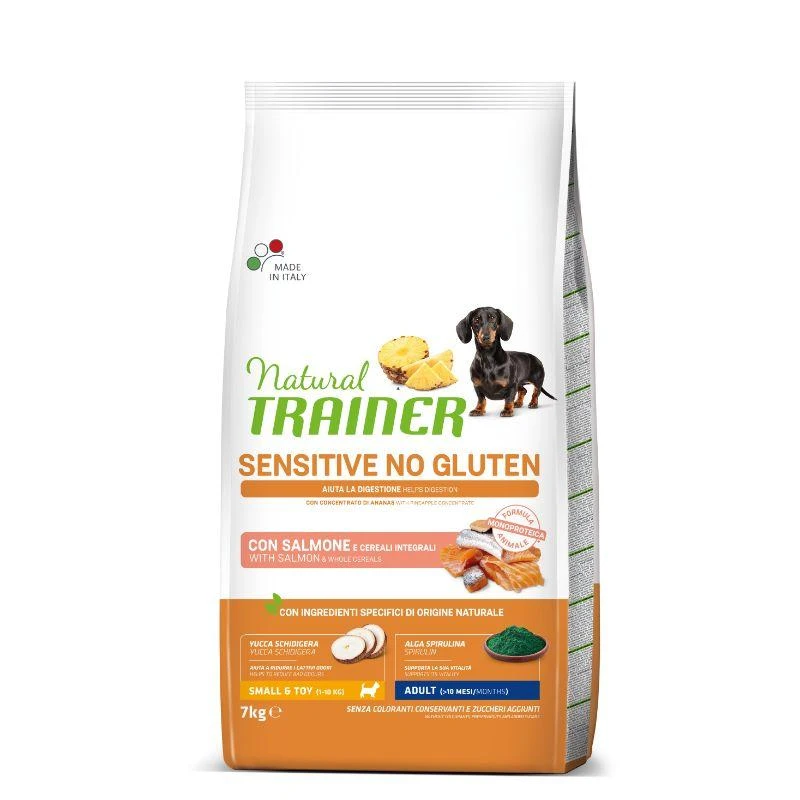 Natural Trainer ADULT DOG SENSITIVE be gliuteno MINI su lašiša 7kg