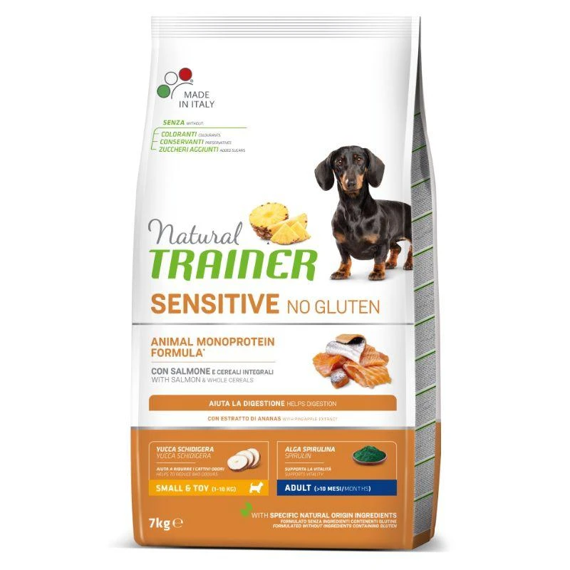 Natural Trainer ADULT DOG SENSITIVE be gliuteno MINI su lašiša 7kg