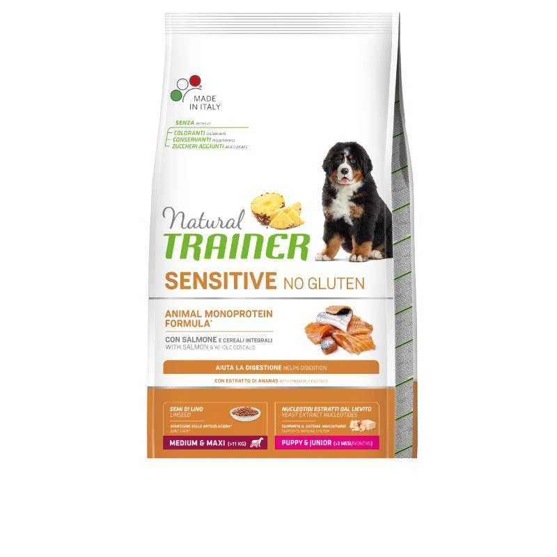 Natural Trainer DOG SENSITIVE be gliuteno PUPPY&JUNIOR Medium/Maxi su lašiša 12kg