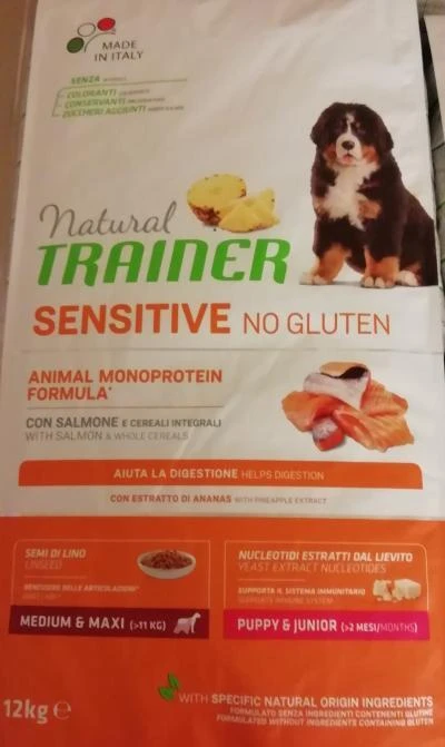 Natural Trainer DOG SENSITIVE be gliuteno PUPPY&JUNIOR Medium/Maxi su lašiša 12kg