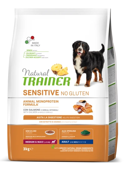 Natural Trainer ADULT DOG SENSITIVE be gliuteno Medium/Maxi su lašiša 3kg