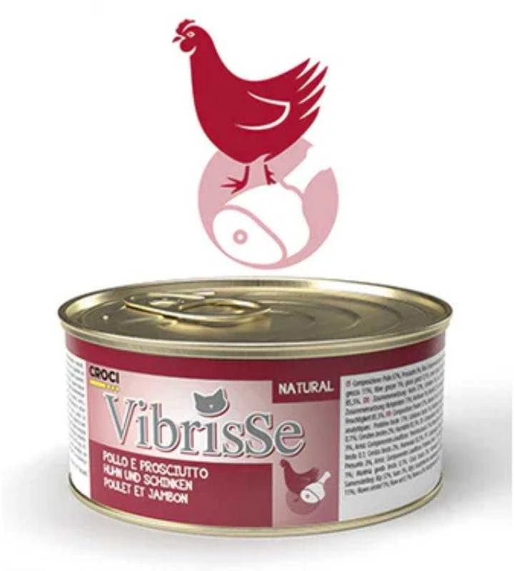 VIBRISSE konservai katėms vištiena/vištienos kumpis padaže 70g 12vnt
