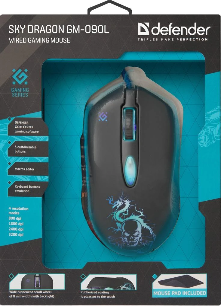 Pelė Myszka žaidimams Defender Sky Dragon GM-090L su laidu 3200 dpi optinė juoda