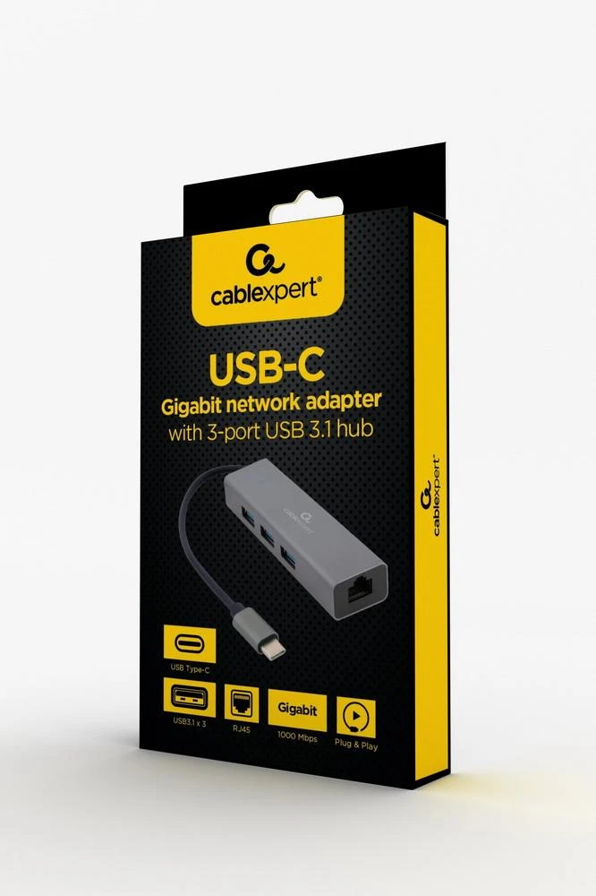 Gembird USB-C tinklo adapteris su USB šakotuvu pakuotėje