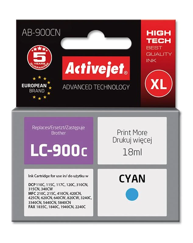 Toneris Activejet AB-900CN rašalas, skirtas Brother spausdintuvams; Brother LC900C pakeitimas; Aukščiausias; 17,5 ml; žalsvai mėlyna