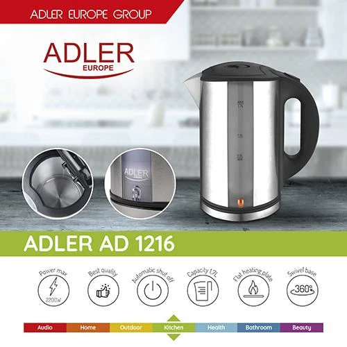 Adler | Virdulys | AD 1216 | Standard | 2000 W | 1.7 L | Nerūdijantis plienas | 360° rotational base