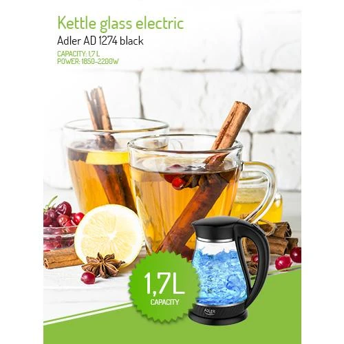 Adler Virdulys AD 1274 Standartinis, Plastikas, stiklas, Juodas/ skaidrus, 2200 W, 360° sukamasis pagrindas, 1,7 L