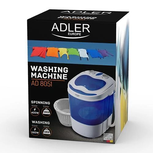 Adler | Skalbimo mašina | AD 8051 | Top loading | Skalbimo talpa 3kg | Unspecified RPM | Gylis 37 cm | Plotis 38 cm | Baltas/Mėlyna