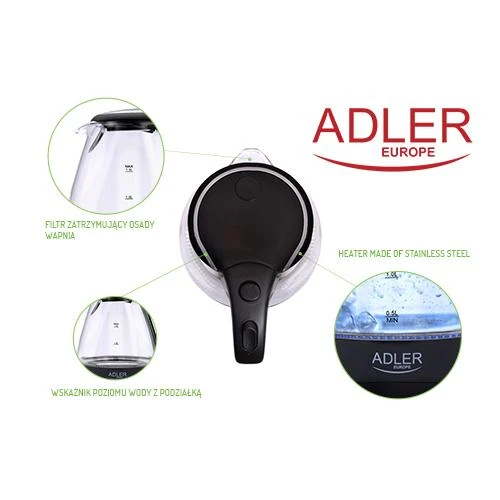 Adler | Virdulys | AD 1224 | Standard | 2000 W | 1.5 L | Glass | 360° rotational base | Juodas