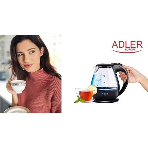 Adler | Virdulys | AD 1224 | Standard | 2000 W | 1.5 L | Glass | 360° rotational base | Juodas
