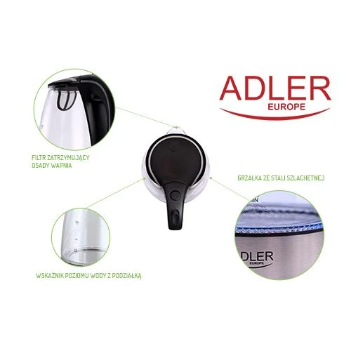 Adler | Virdulys | AD 1225 | Standard | 2000 W | 1.7 L | Glass | 360° rotational base | Nerūdijantis plienas/Transparent
