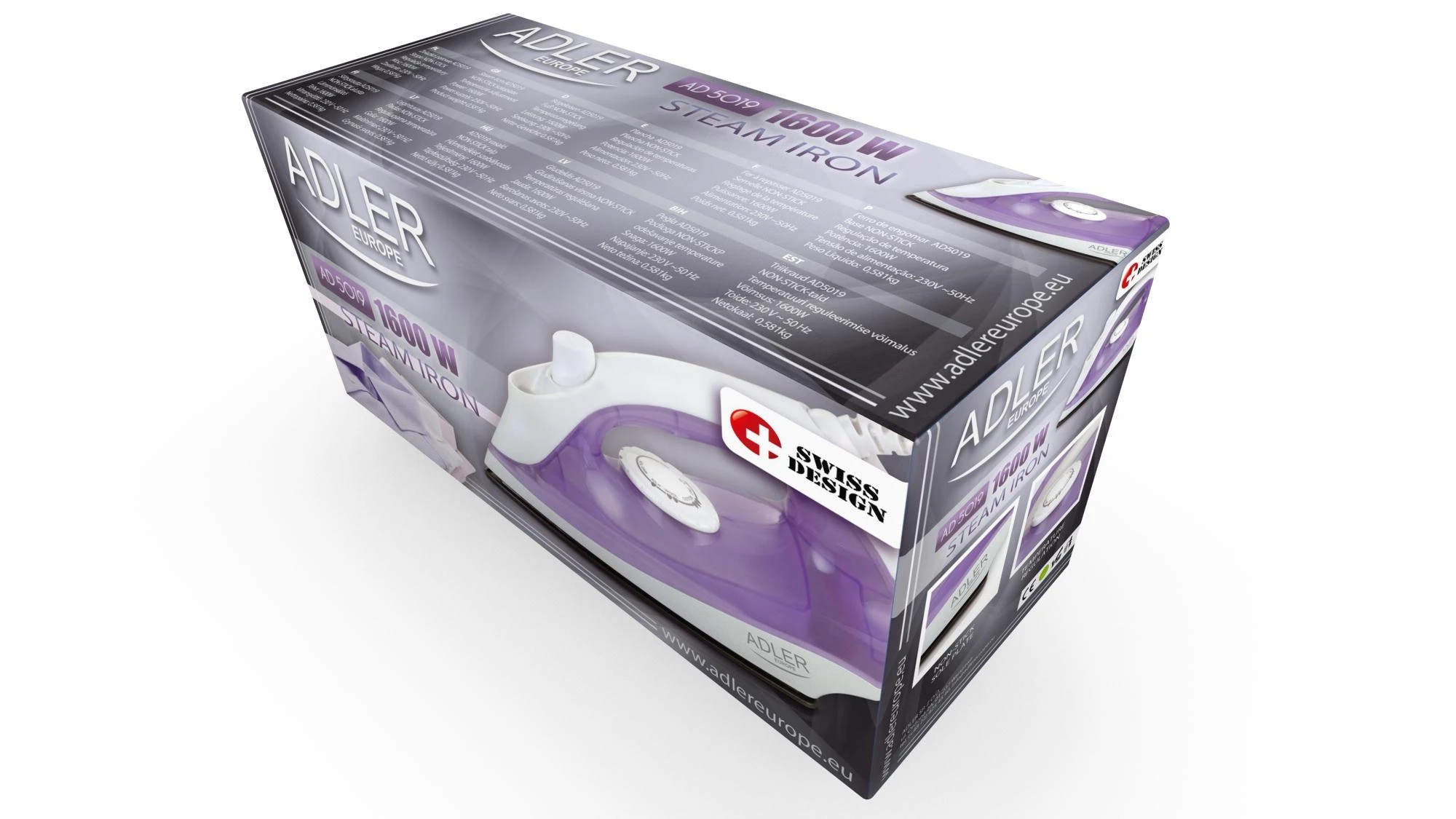Lygintuvas | Adler | AD 5019 | With cord | 1600 W | Vanduo tank capacity 100 ml | Continuous steam 10 g/min | Violet/Baltas
