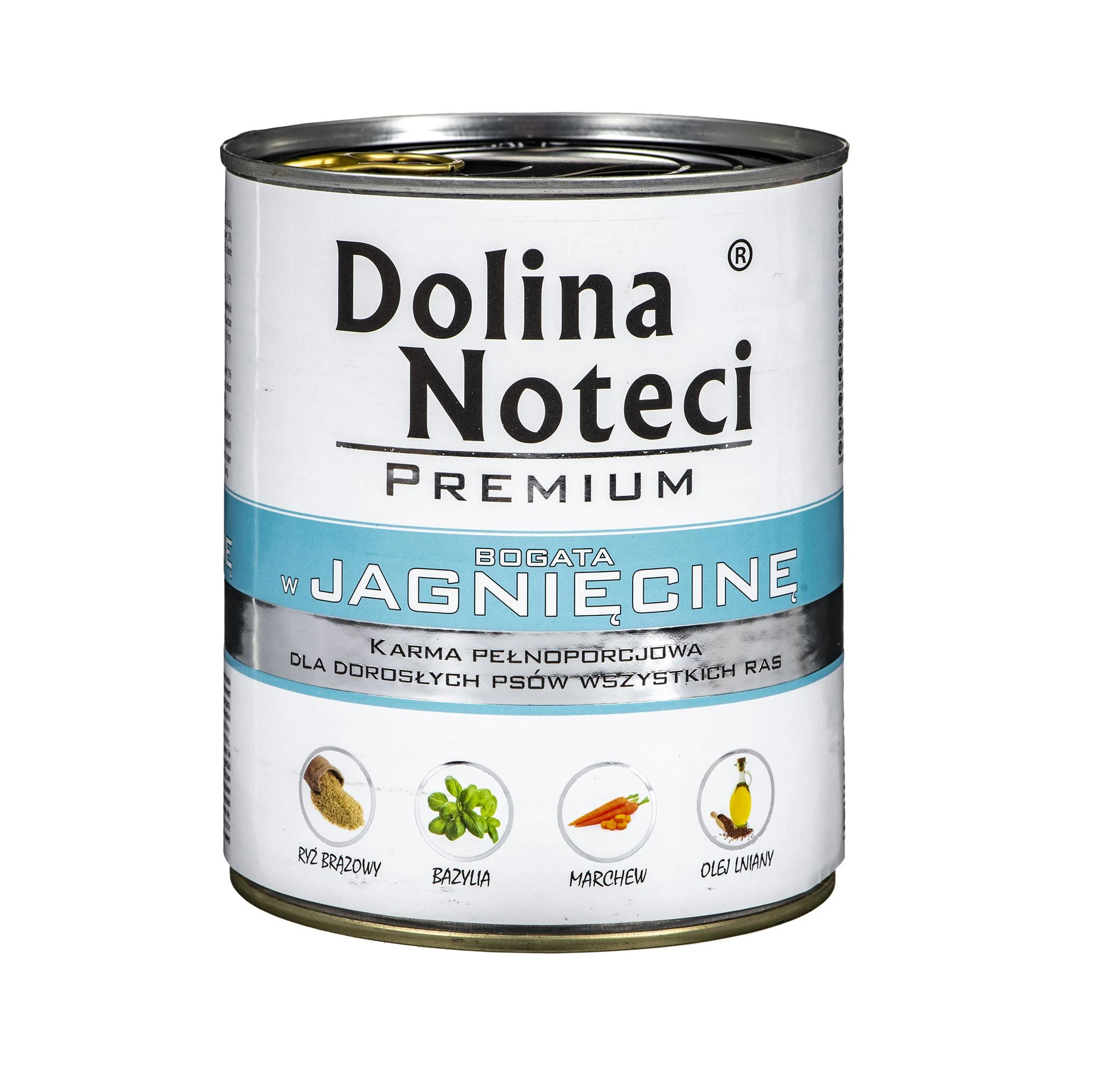 Visavertis konservuotas pašaras visų veislių suaugusiems šunims Dolina Noteci PREMIUM su ėriena 800g