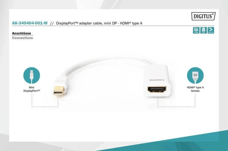 Assmann Electronic ASSMANN DisplayPort adapterio kabelis mini DP - HDMI tipas AM/F 0.15m DP 1.1a suderinamas su CE wh