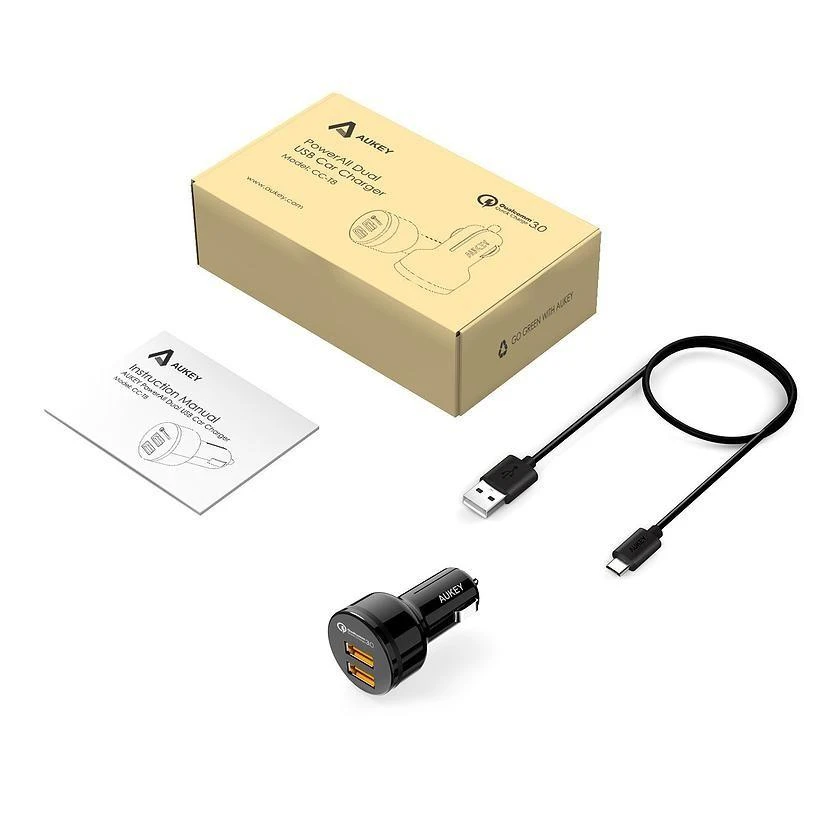 Aukey automobilinis įkroviklis 1.2 prievado (USB A tipo) su greito įkrovimo funkcija 3.0 CC-T8 Juodas
