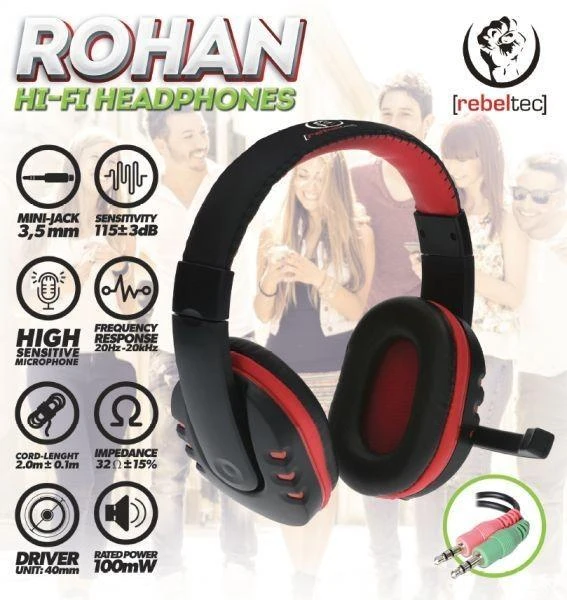 Rebeltec Rohan ausinės su mikrofonu ir specifikacijomis