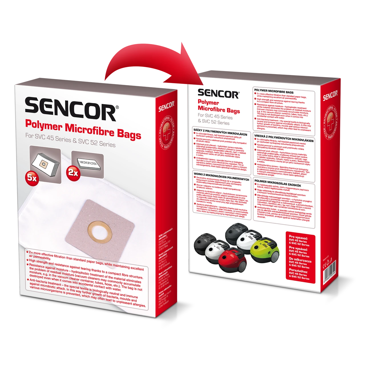Sencor SVC 45/52 maišelių pakuotė su technine informacija