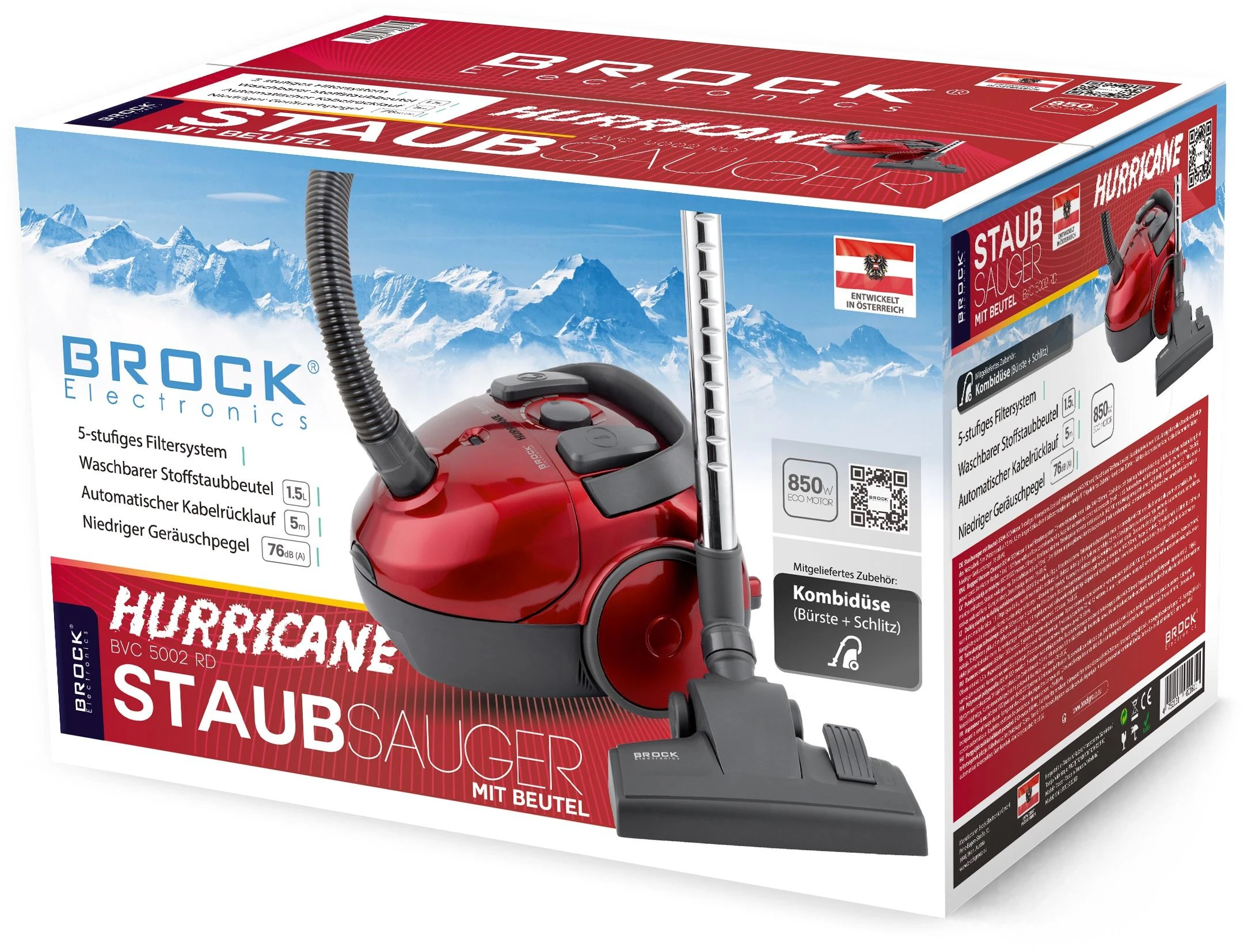 „Brock“ dulkių siurblys | BVC5002RD | Su maišeliu | Galia 850 W | Dulkių talpa 1,5 l | Raudona
