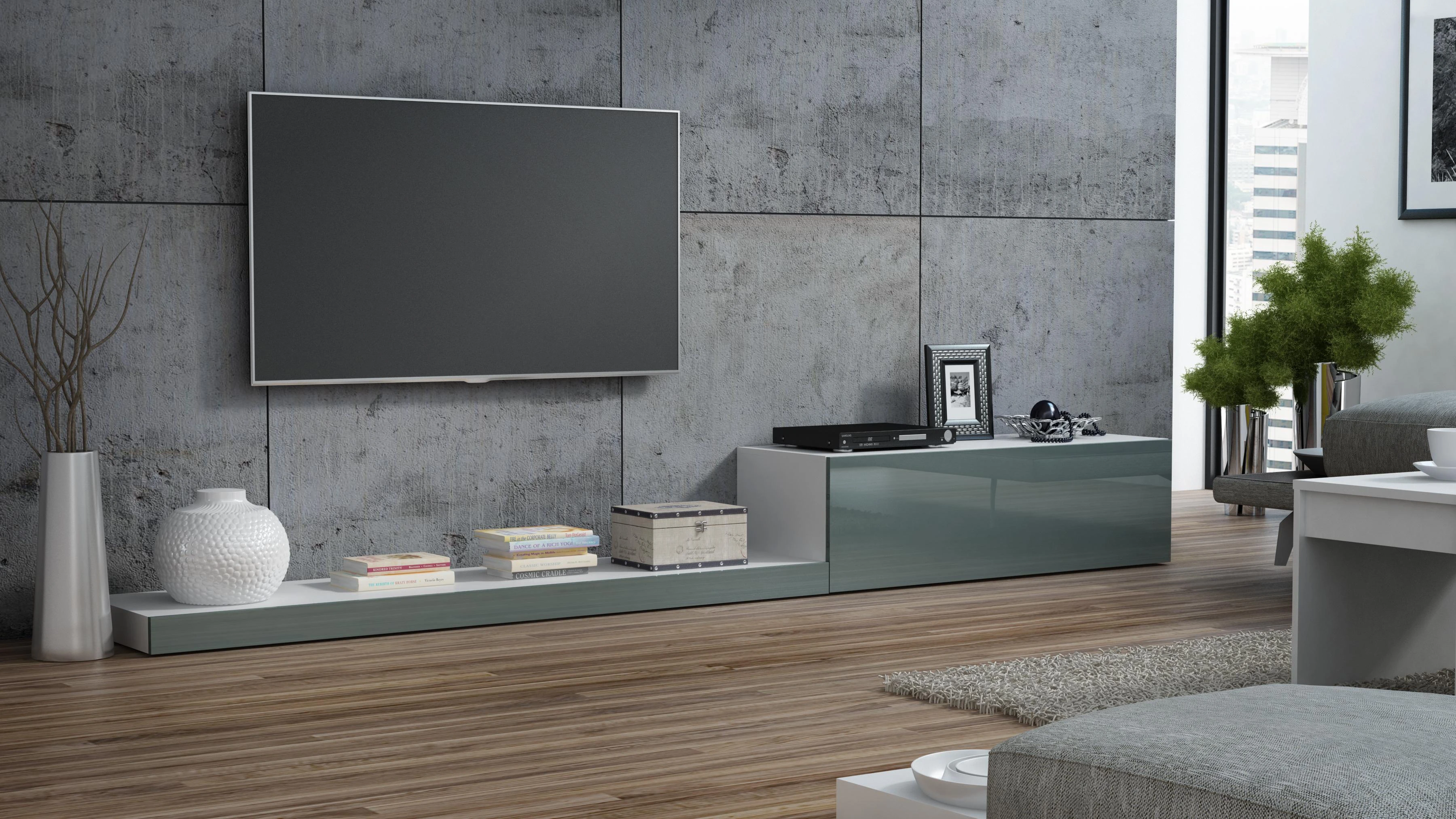 TV staliukas Cama Meble Televizorius - Cama Life 300 42" 35" Baltas/Pilkas Blizgus TV Stovas