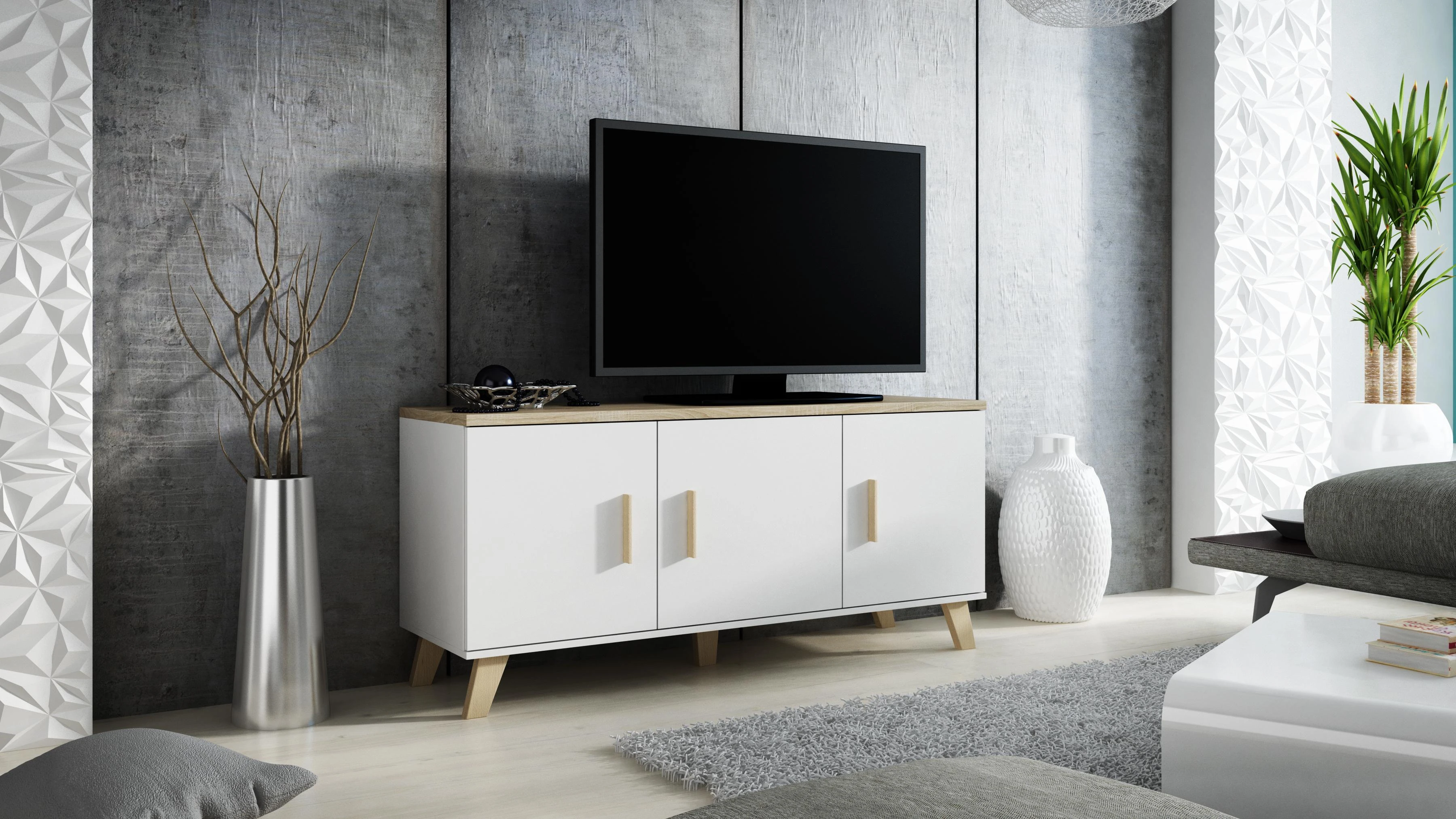 Cama Meble Šoninė Spintelė - Cama Lotta 150 3D Balta Ir Sonoma Ąžuolas