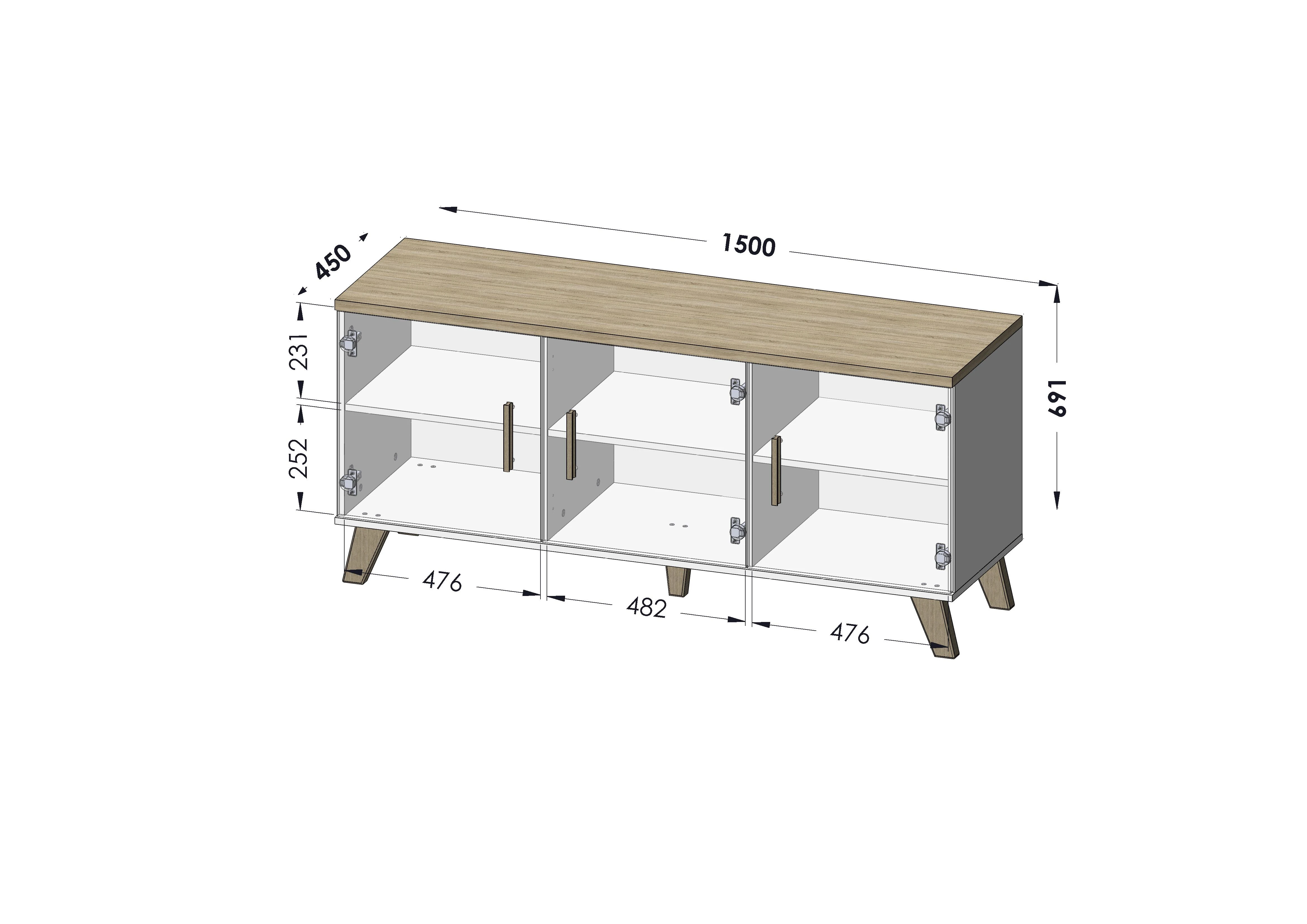 Cama Meble Šoninė Spintelė - Cama Lotta 150 3D Balta Ir Sonoma Ąžuolas