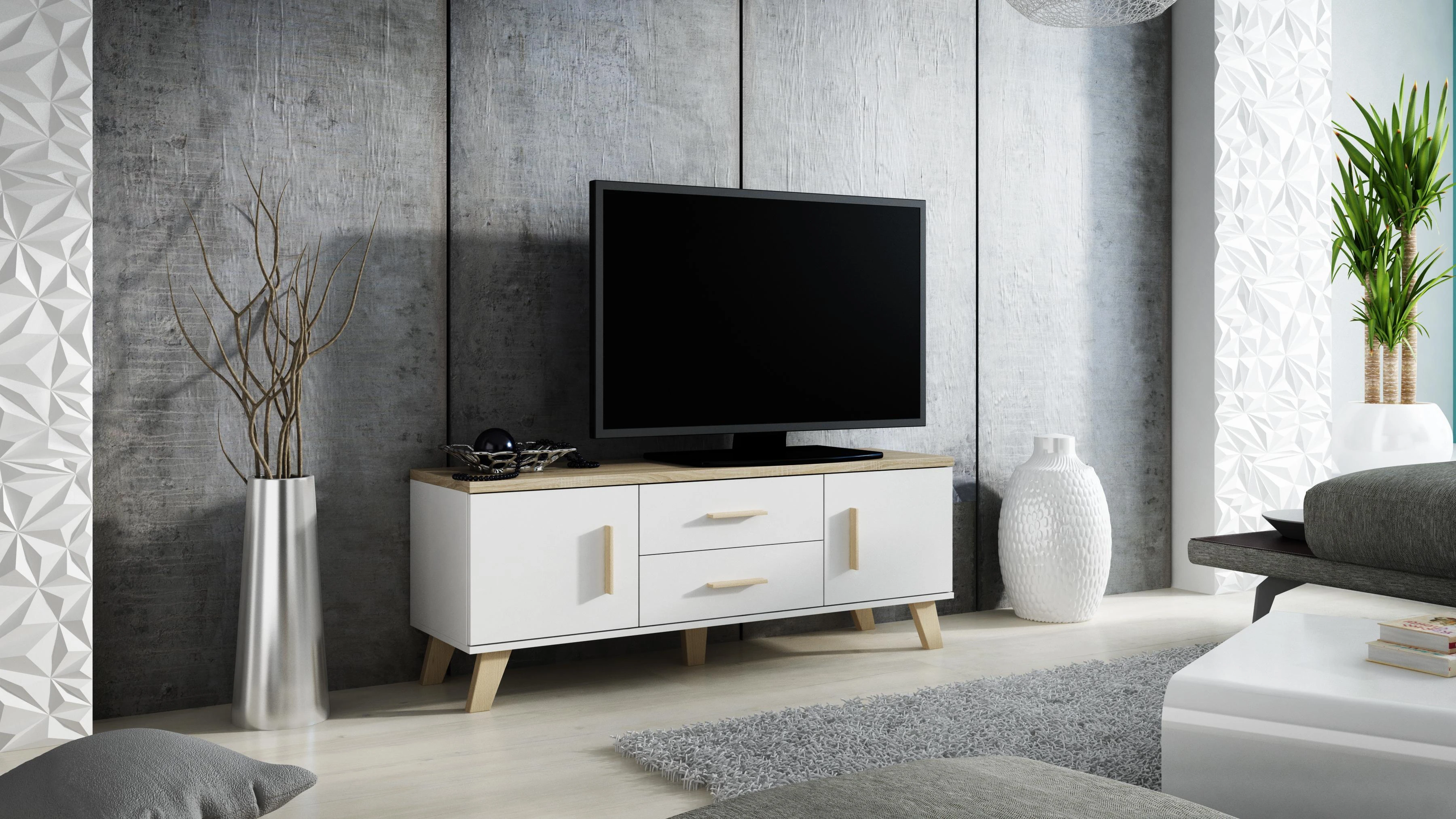 TV staliukas Cama Meble Televizoriaus Stovas - Cama LOTTA 140 Cm Baltas Sonoma Ąžuolas