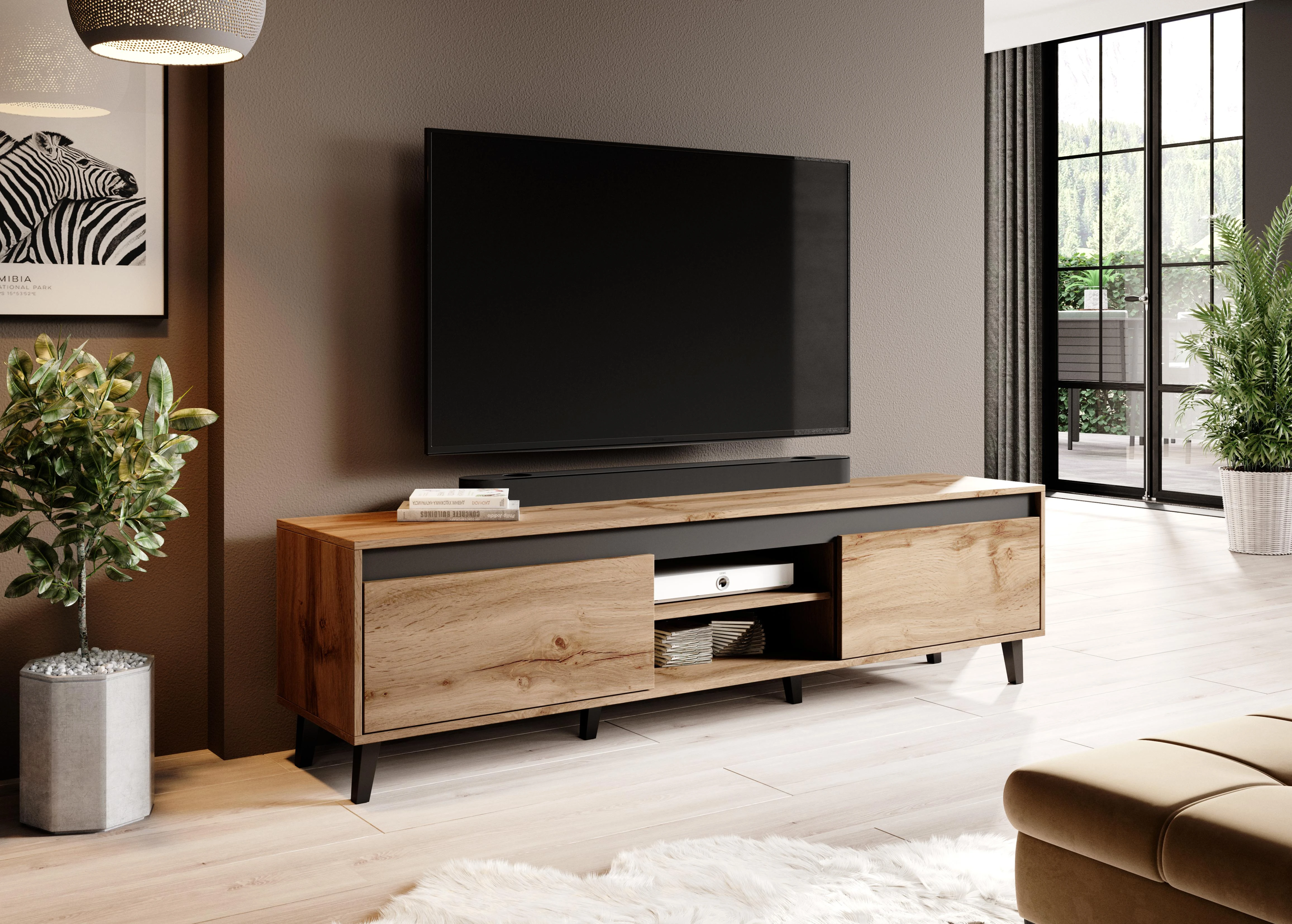 TV staliukas Cama Meble Televizoriaus Stovas - Cama RTV Nord II 170cm Antracito Spalvos