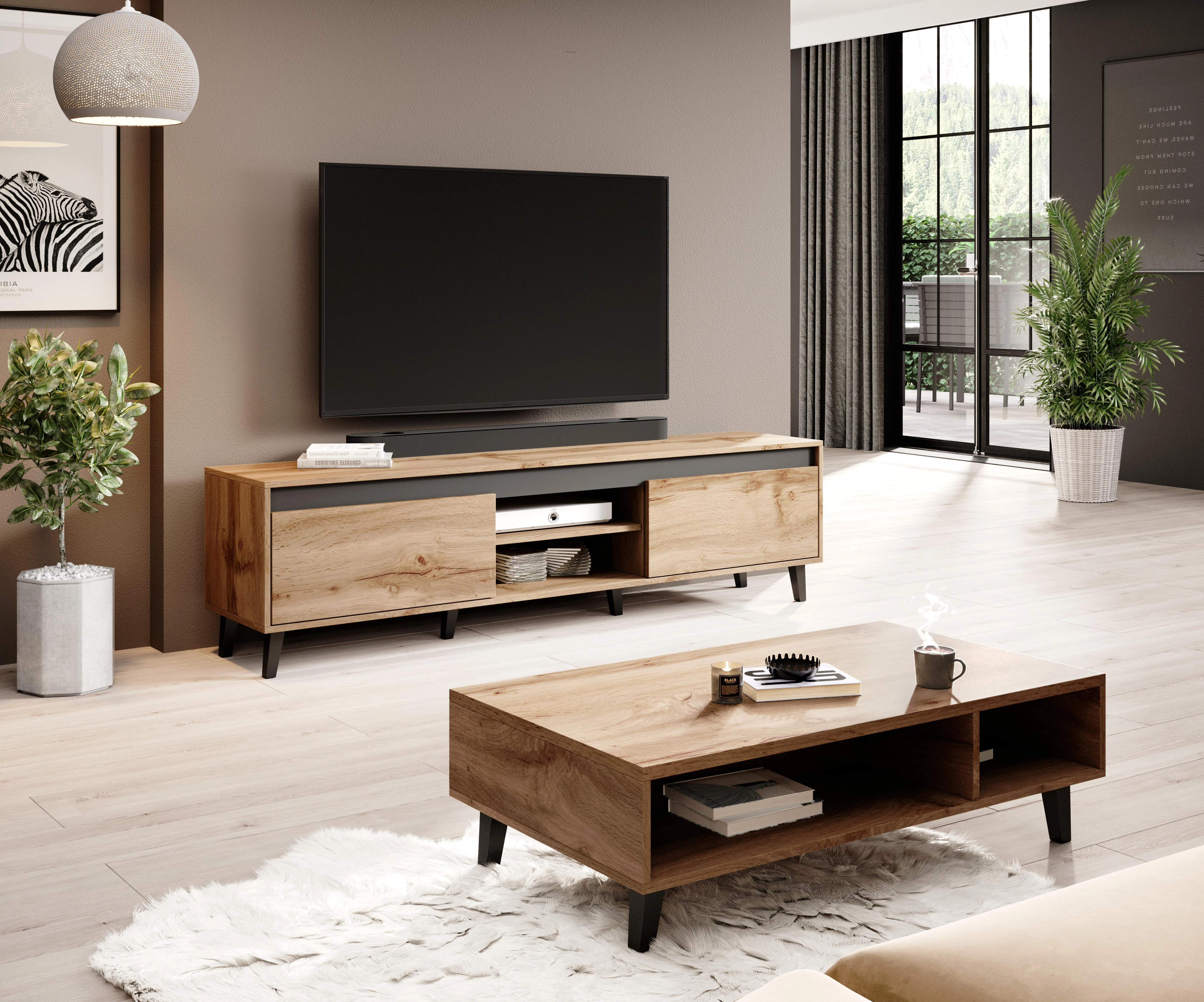 TV staliukas Cama Meble Televizoriaus Stovas - Cama RTV Nord II 170cm Antracito Spalvos