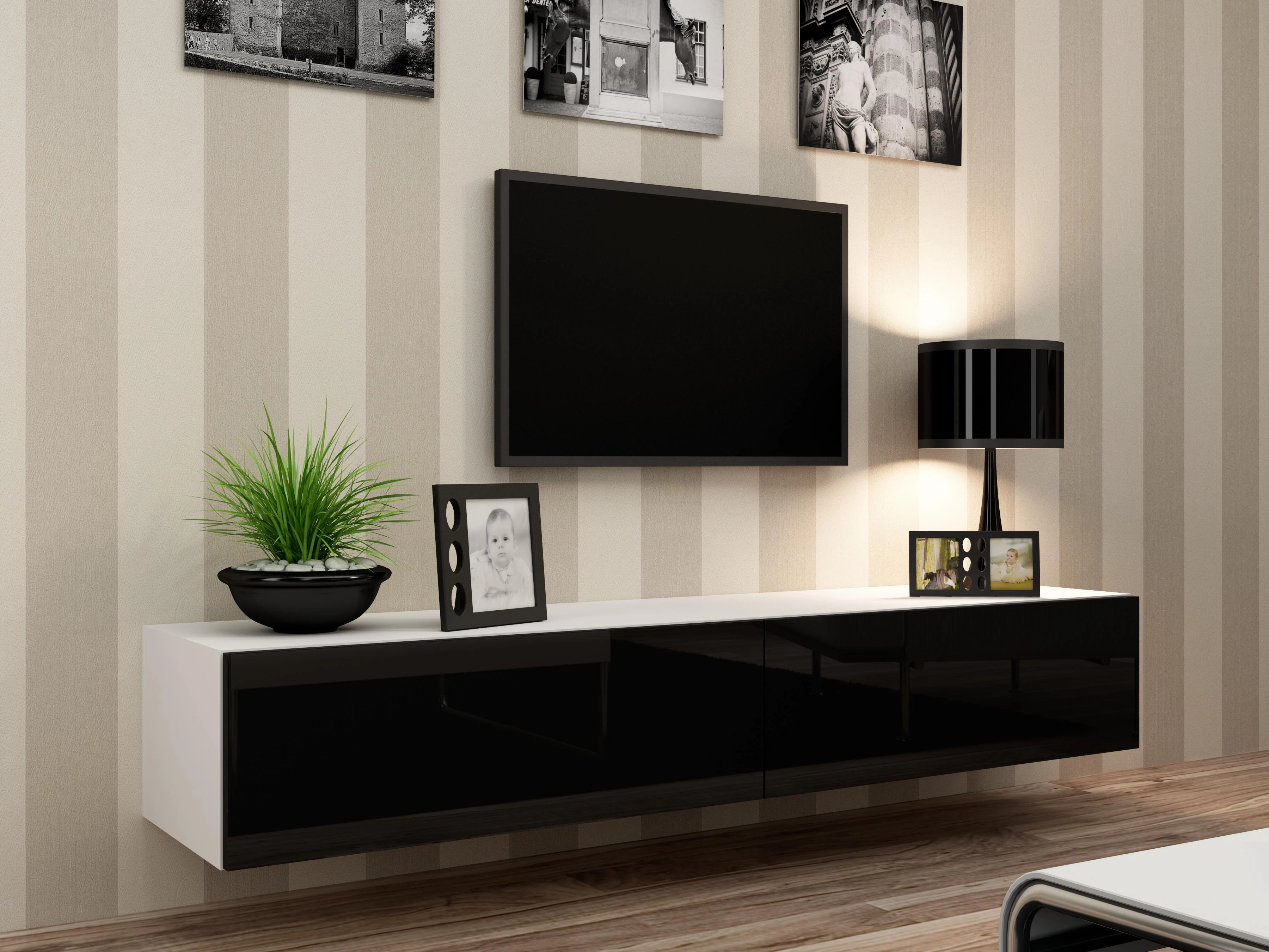Cama pakabinama TV spintelė VIGO '180' 30/180/40 (balta/blizgi juoda)