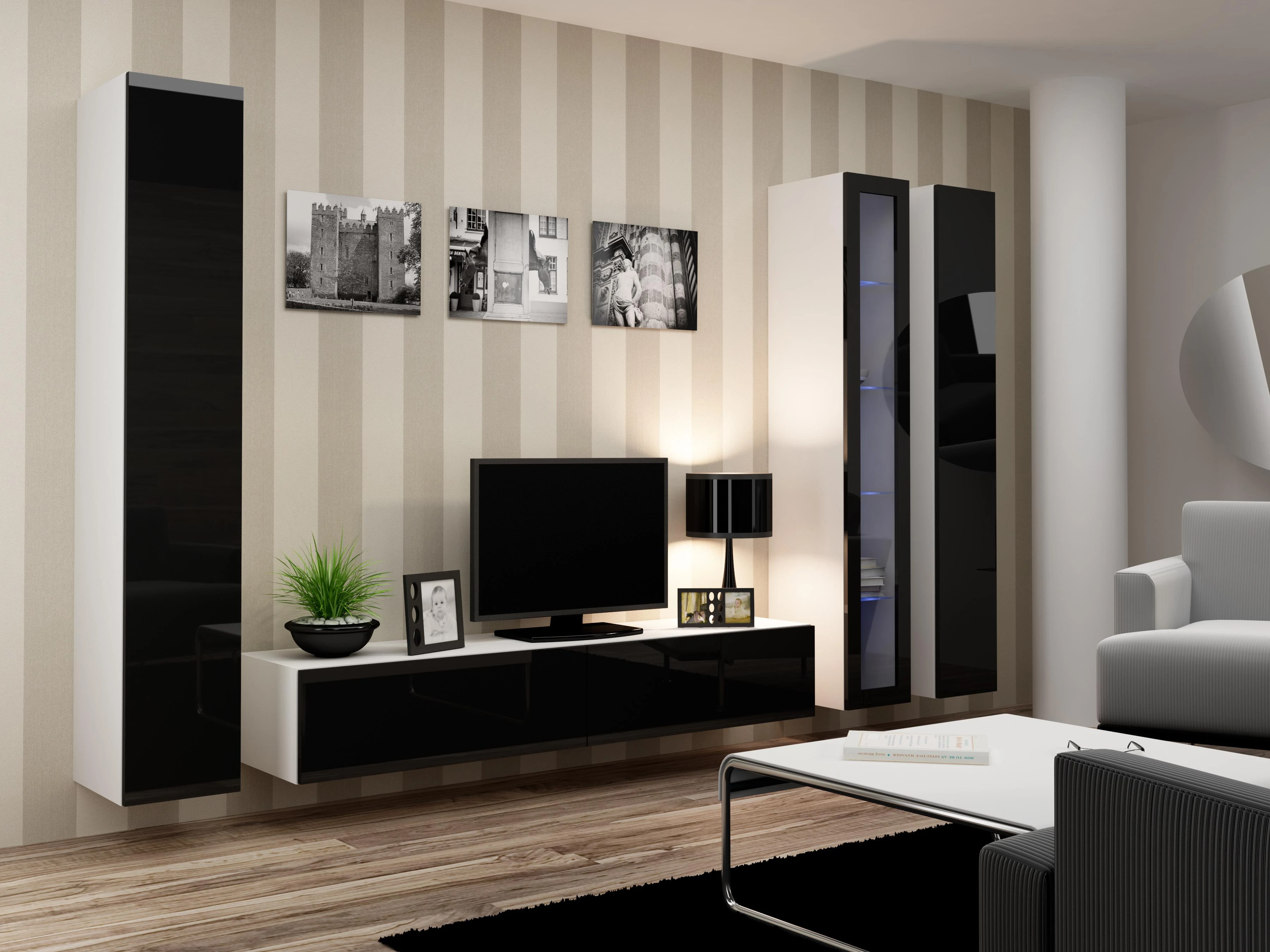 Cama pakabinama TV spintelė VIGO '180' 30/180/40 (balta/blizgi juoda)