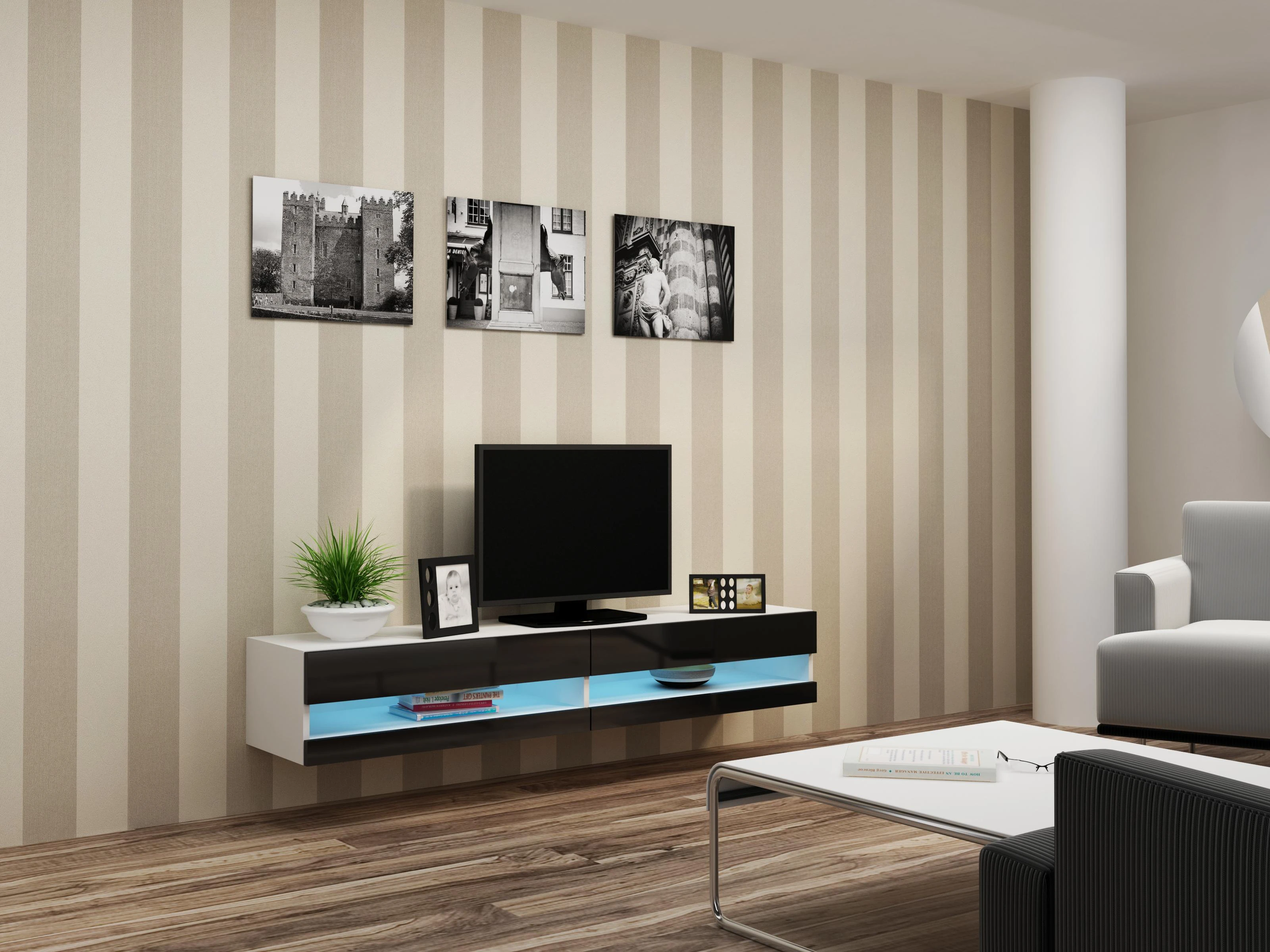 Cama Meble Televizoriaus Stovas - Cama VIGO 30/180/40, Baltas/Juodas Blizgus