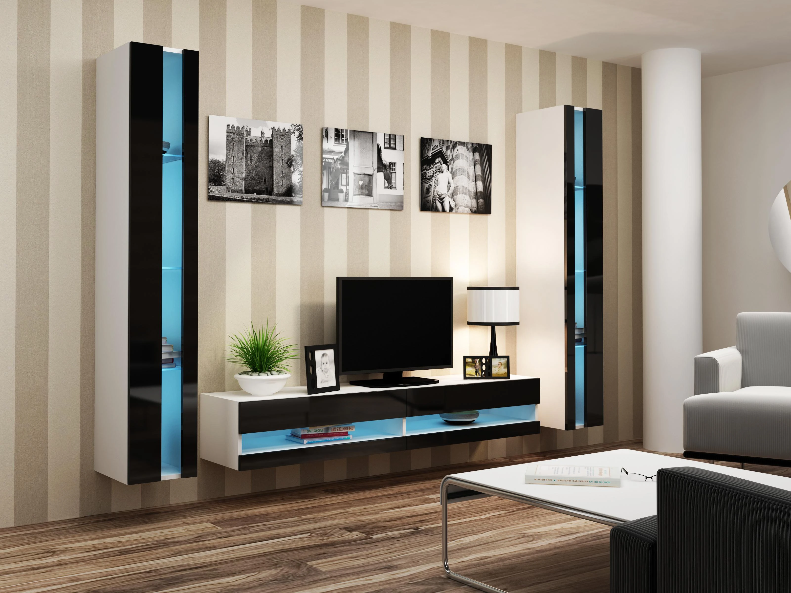 Cama Meble Televizoriaus Stovas - Cama VIGO 30/180/40, Baltas/Juodas Blizgus