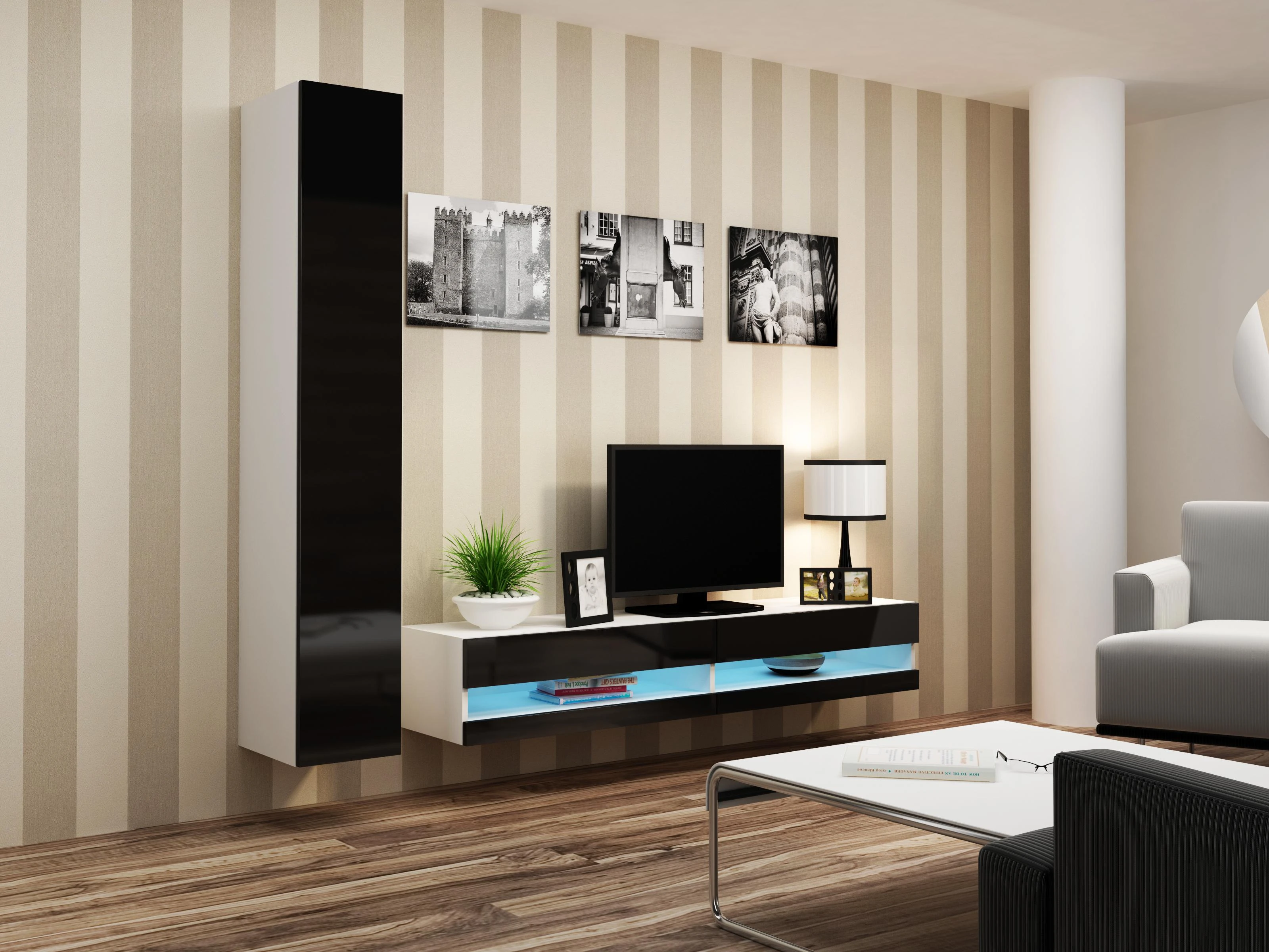Cama Meble Televizoriaus Stovas - Cama VIGO 30/180/40, Baltas/Juodas Blizgus