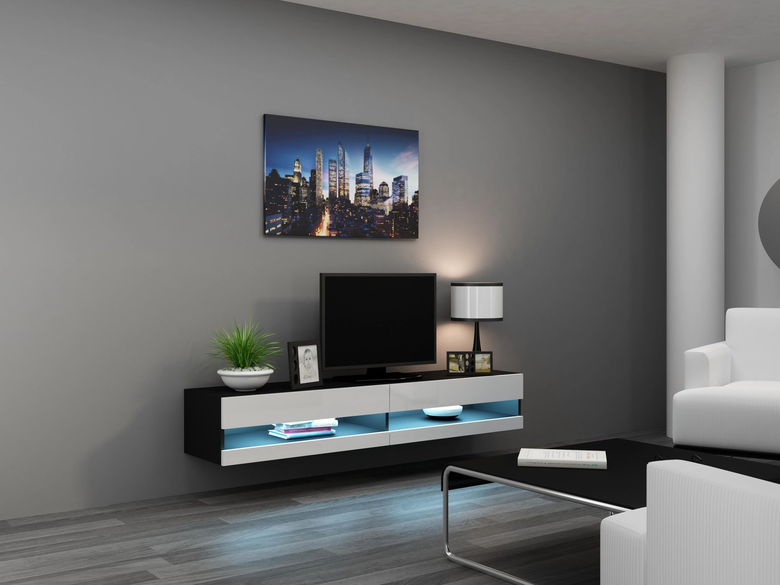 Cama TV staliukas VIGO NEW 30/180/40 (spalva: juoda/blizgi balta)