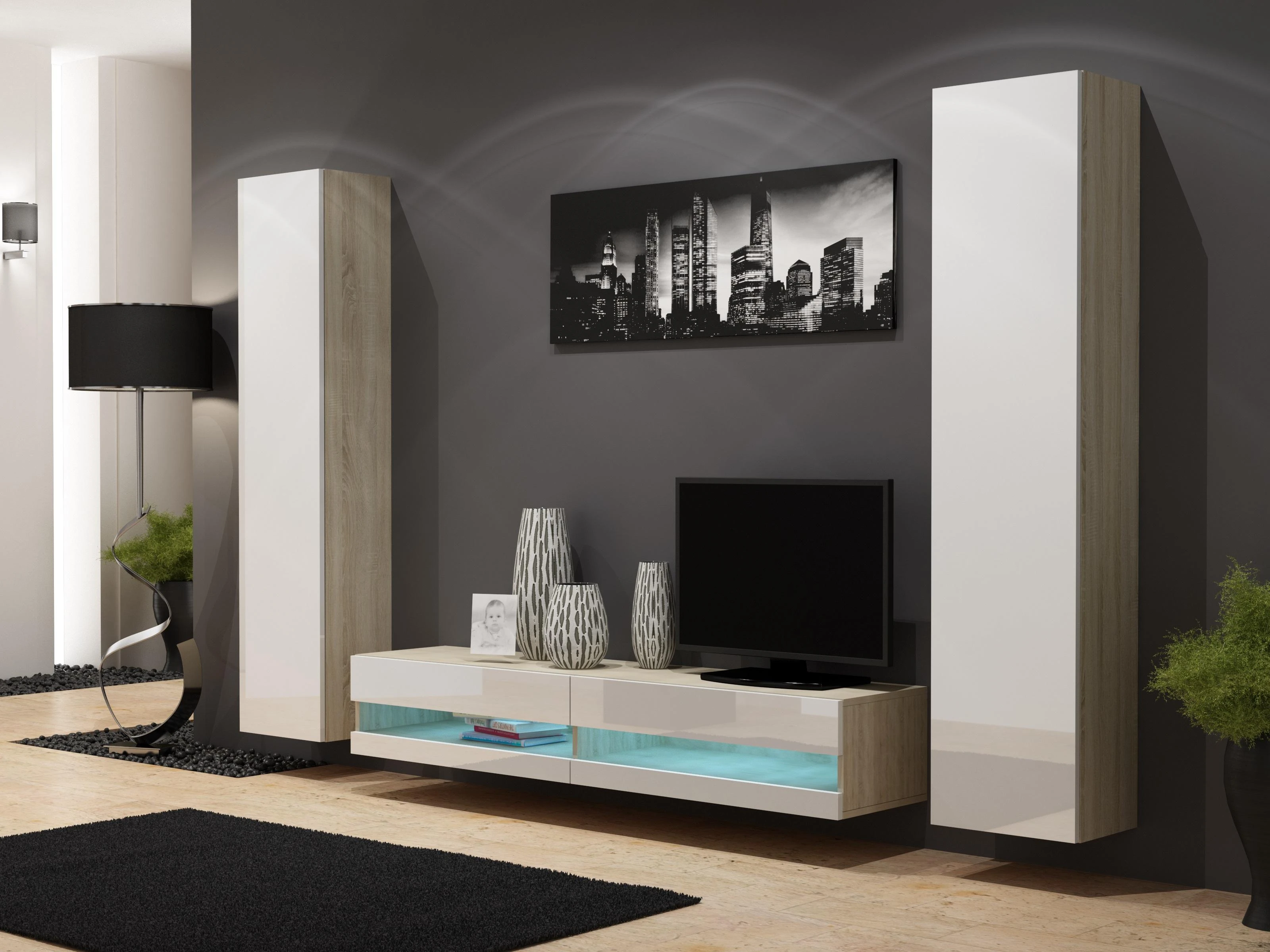 Cama TV staliukas VIGO NEW 30/180/40 (spalva: Sonomos ąžuolas/blizgi balta)