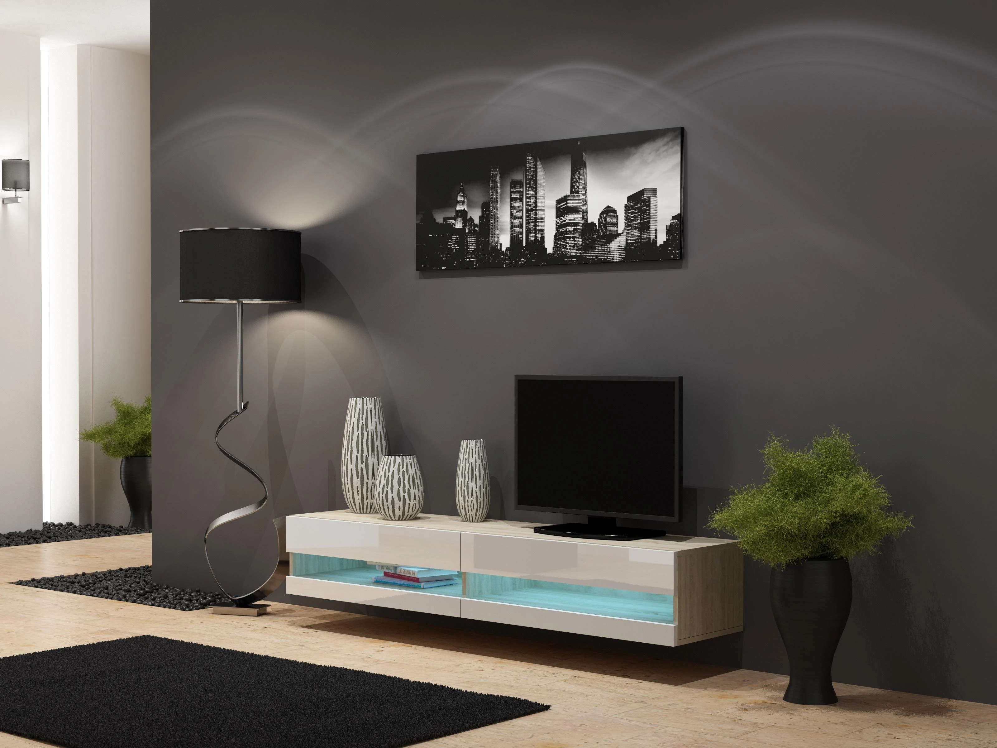 Cama TV staliukas VIGO NEW 30/180/40 (spalva: Sonomos ąžuolas/blizgi balta)