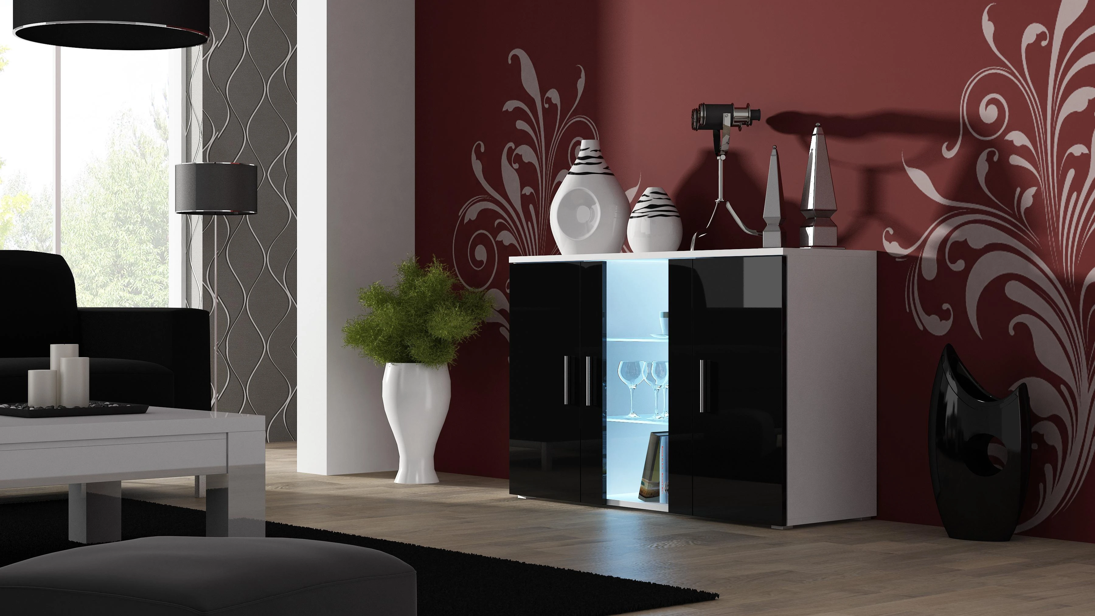 Cama Meble Šoninė Spintelė - Soho S7 120 Cm, Balta/Juoda Blizgi.