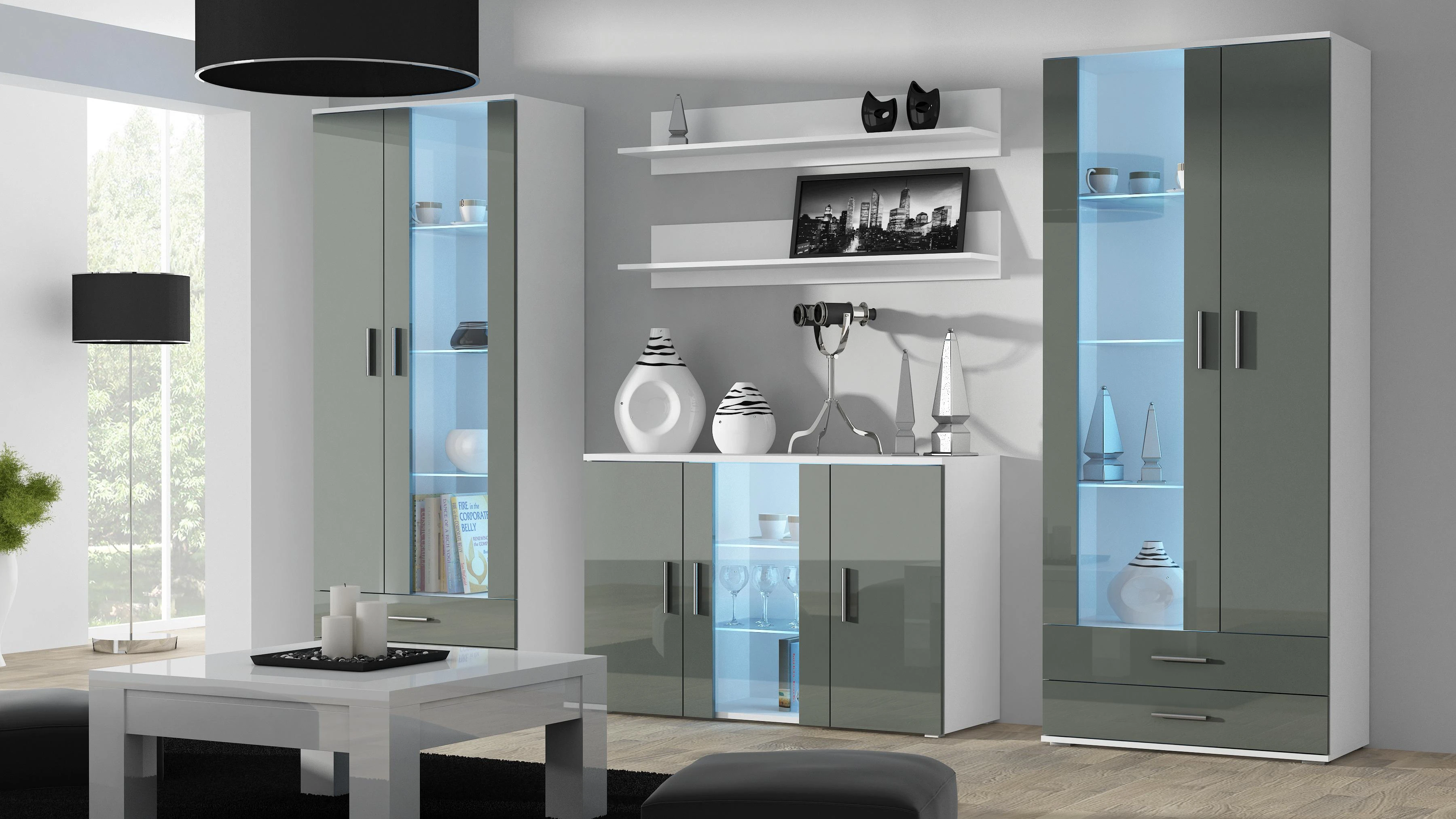 Cama Meble Komoda - VIGO 3 Durų Modernaus Stiliaus Balta/Pilka Blizgi