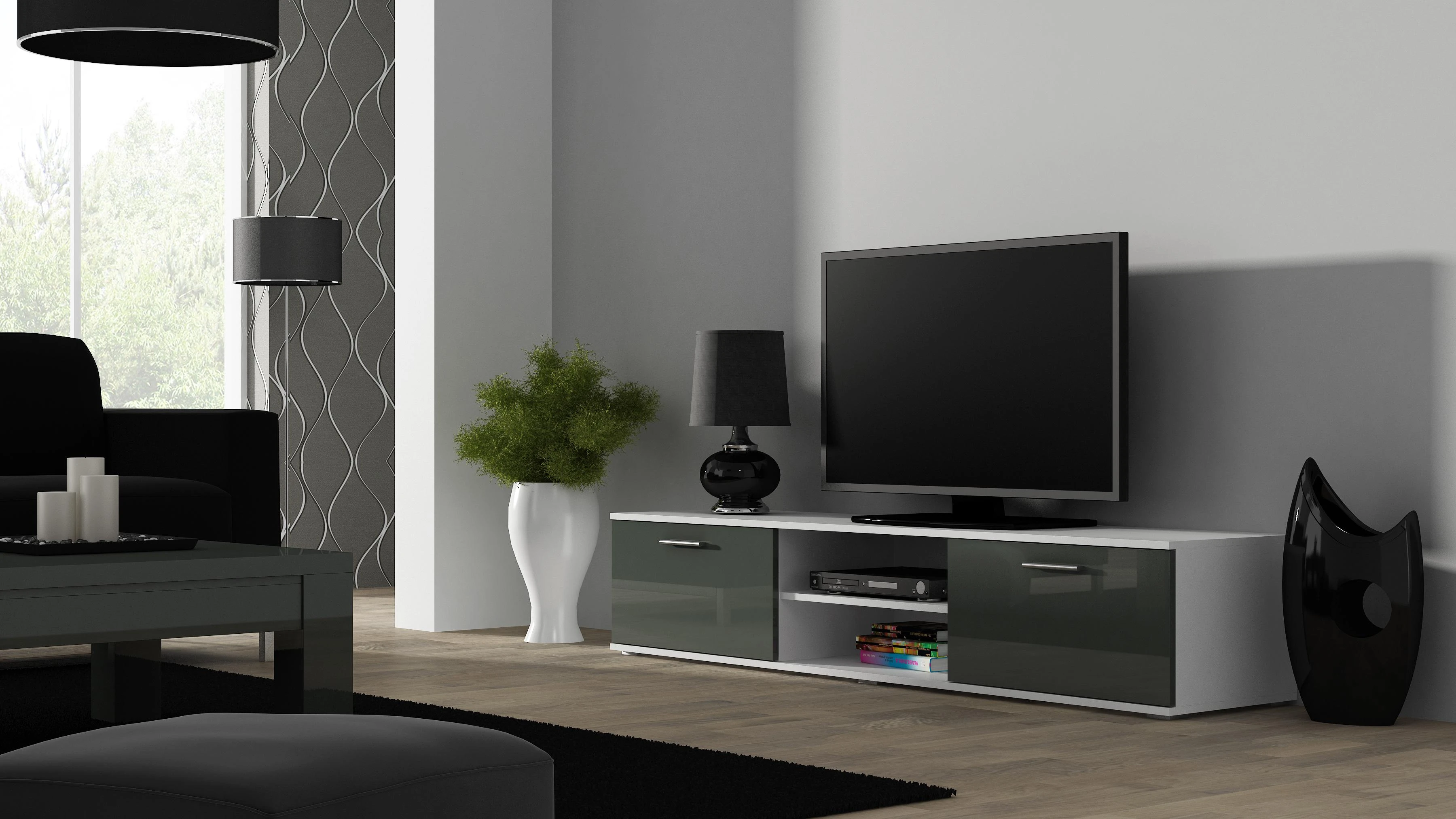 TV staliukas Cama Meble Televizorius stovas - Cama Soho RTV180BI/SZ Balta/Pilka