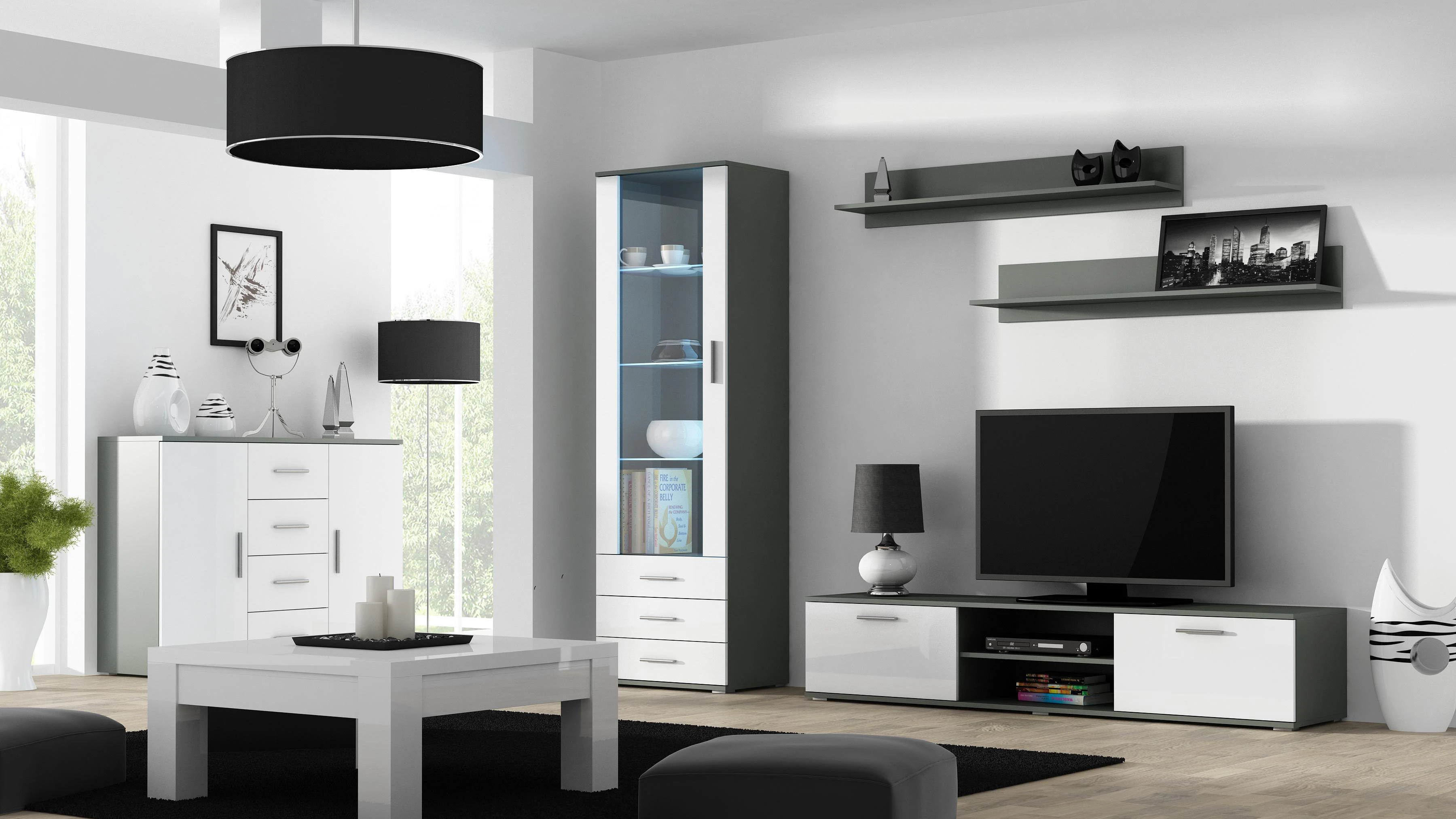Cama Meble Svetainės Sekcija - Soho S1 Pilka/Balta Blizgi