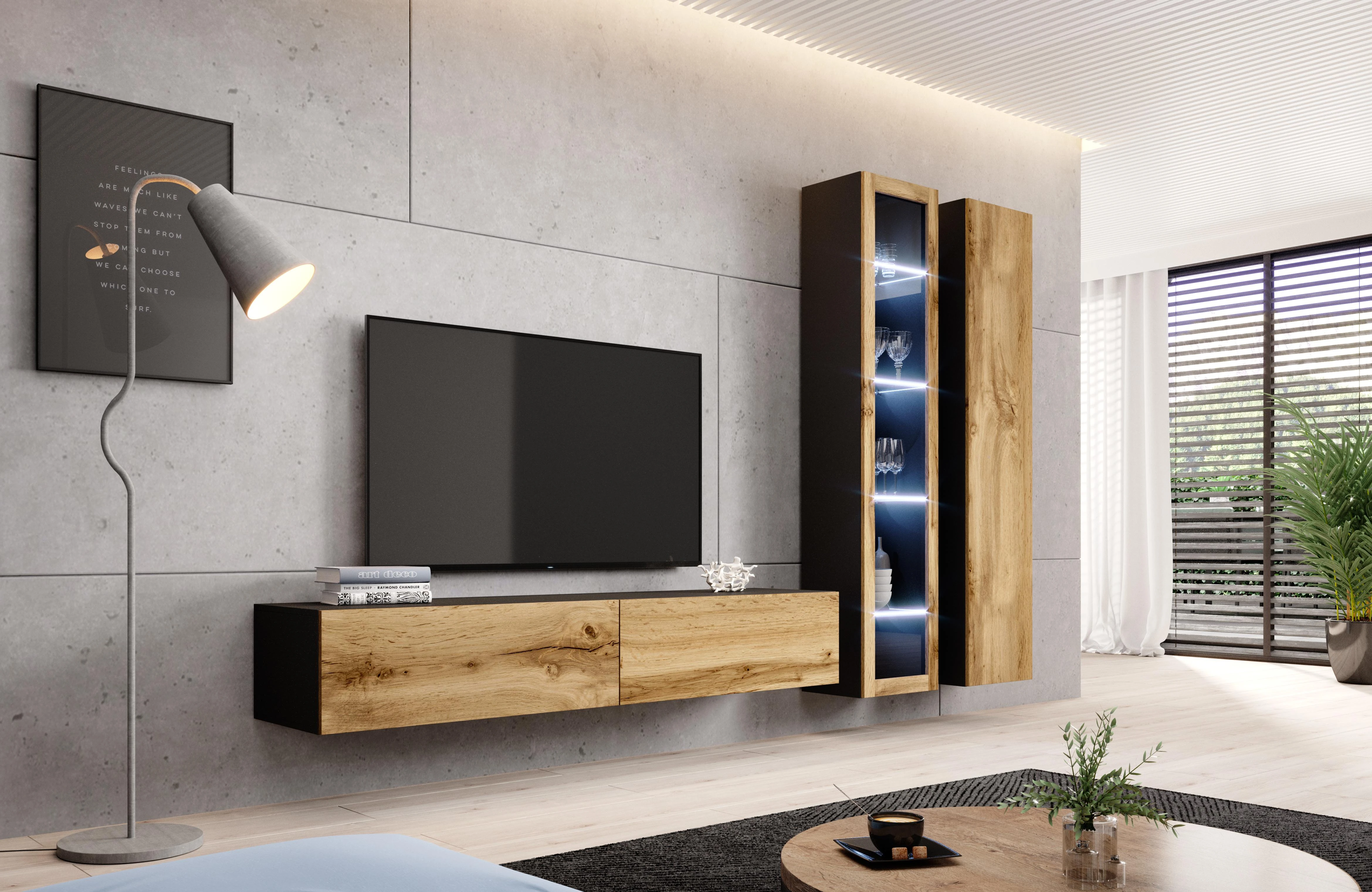 Cama sieninė lentyna VIGO '180' 180/40/30 (spalva: juoda/Votan ąžuolas)