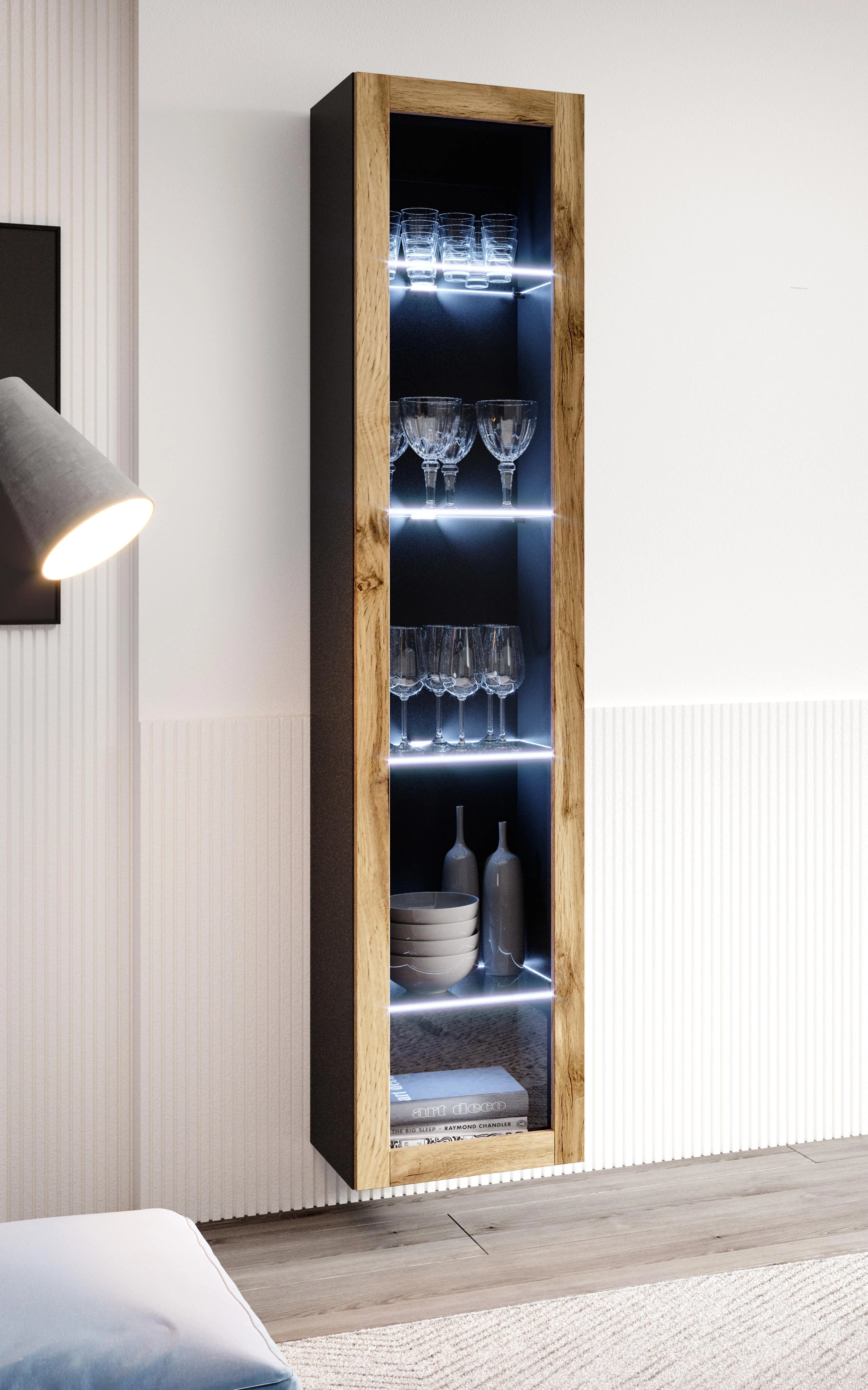 Cama sieninė lentyna VIGO '180' 180/40/30 (spalva: juoda/Votan ąžuolas)